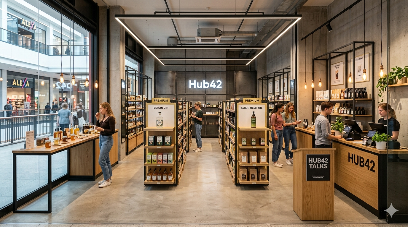 Blick in den Hub42-Store im Alexa Berlin: Sichtbeton, schwarze Stahlregale, helle Holzflächen, zwei freistehende Gondeln mit Markenkarten, links eine Verkostungstheke am Schaufenster, rechts die Kasse.